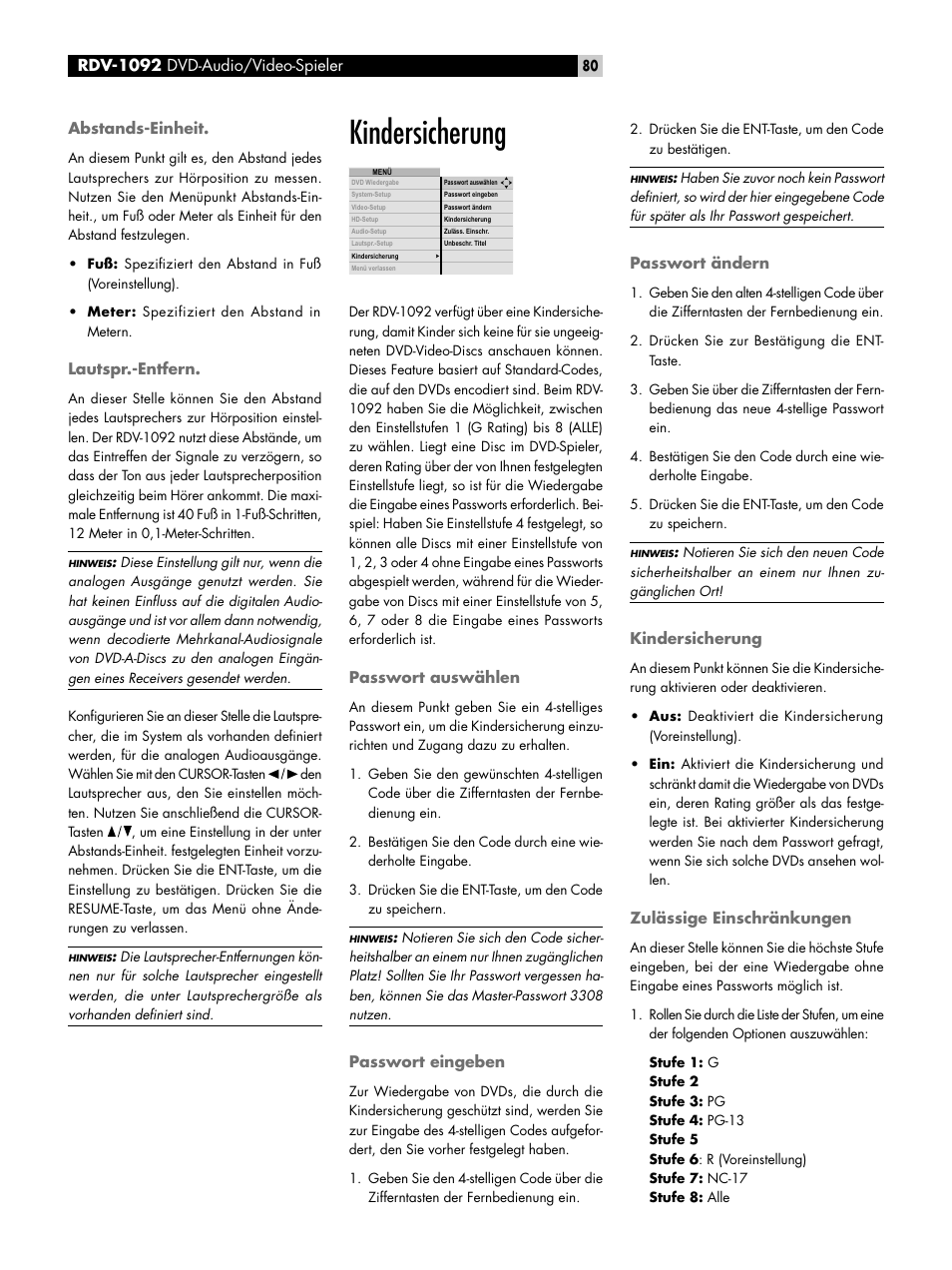 Abstands-einheit, Lautspr.-entfern, Kindersicherung | Passwort auswählen, Passwort eingeben, Passwort ändern, Zulässige einschränkungen, Abstands-einheit lautspr.-entfern | ROTEL RDV-1092 User Manual | Page 80 / 83