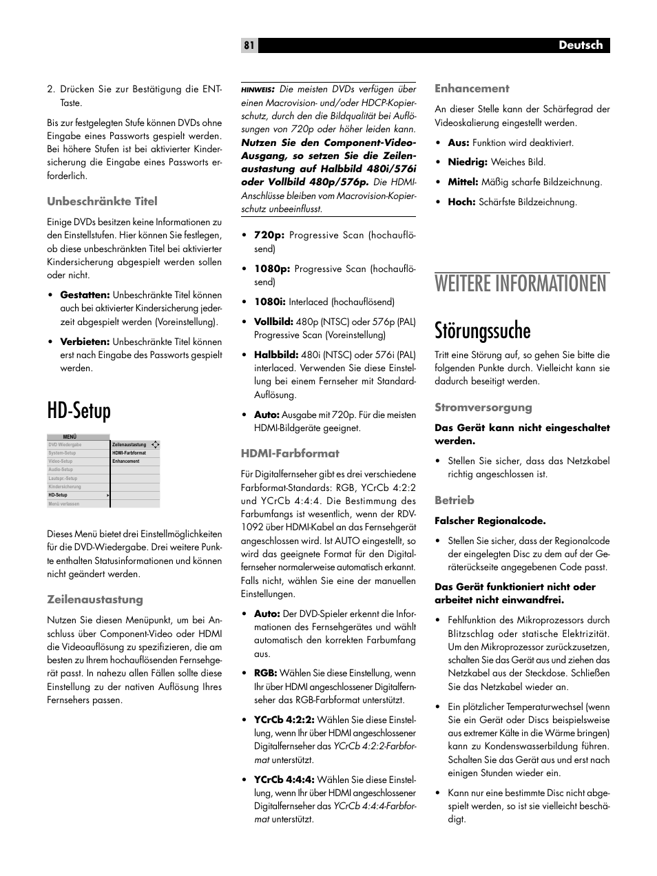 Unbeschränkte titel, Hd-setup, Zeilenaustastung | Hdmi-farbformat, Enhancement, Störungssuche, Stromversorgung, Betrieb, Störungssuche stromversorgung betrieb, Weitere informationen störungssuche | ROTEL RDV-1092 User Manual | Page 81 / 83