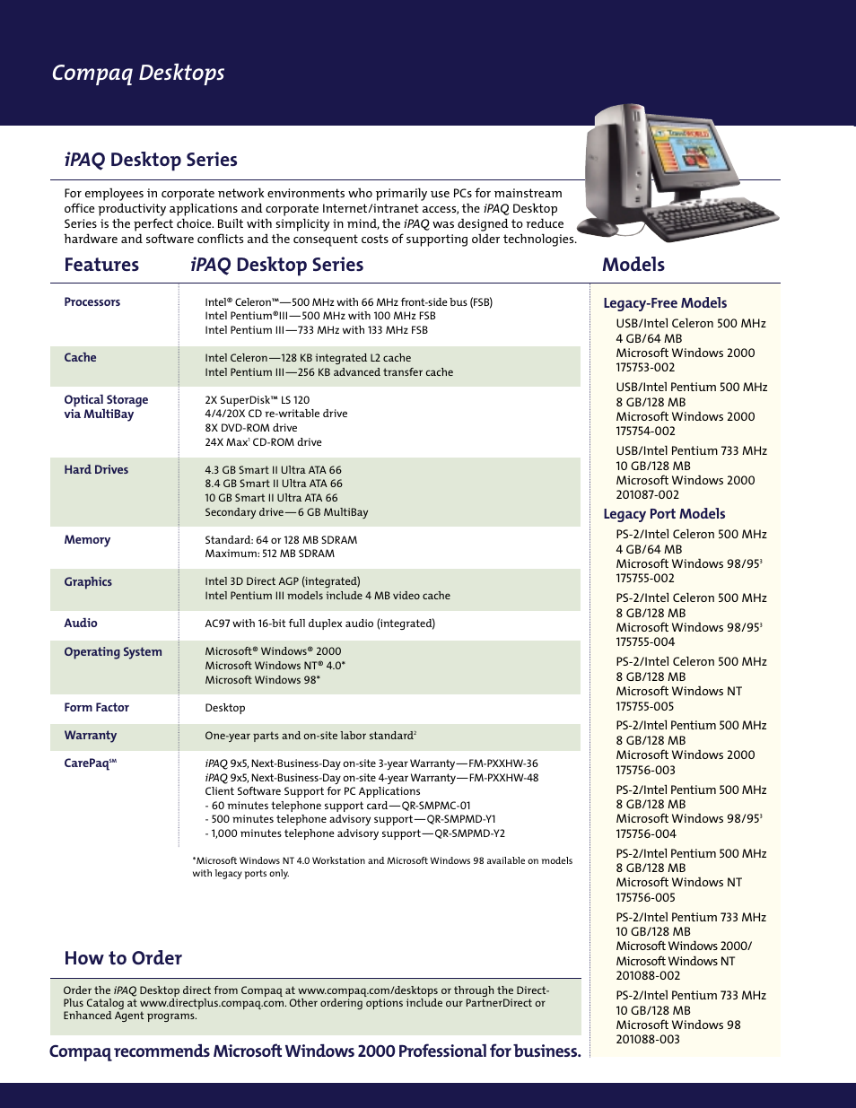 Compaq desktops, Features models ipaq desktop series, How to order ipaq desktop series | Compaq EX Series User Manual | Page 2 / 8