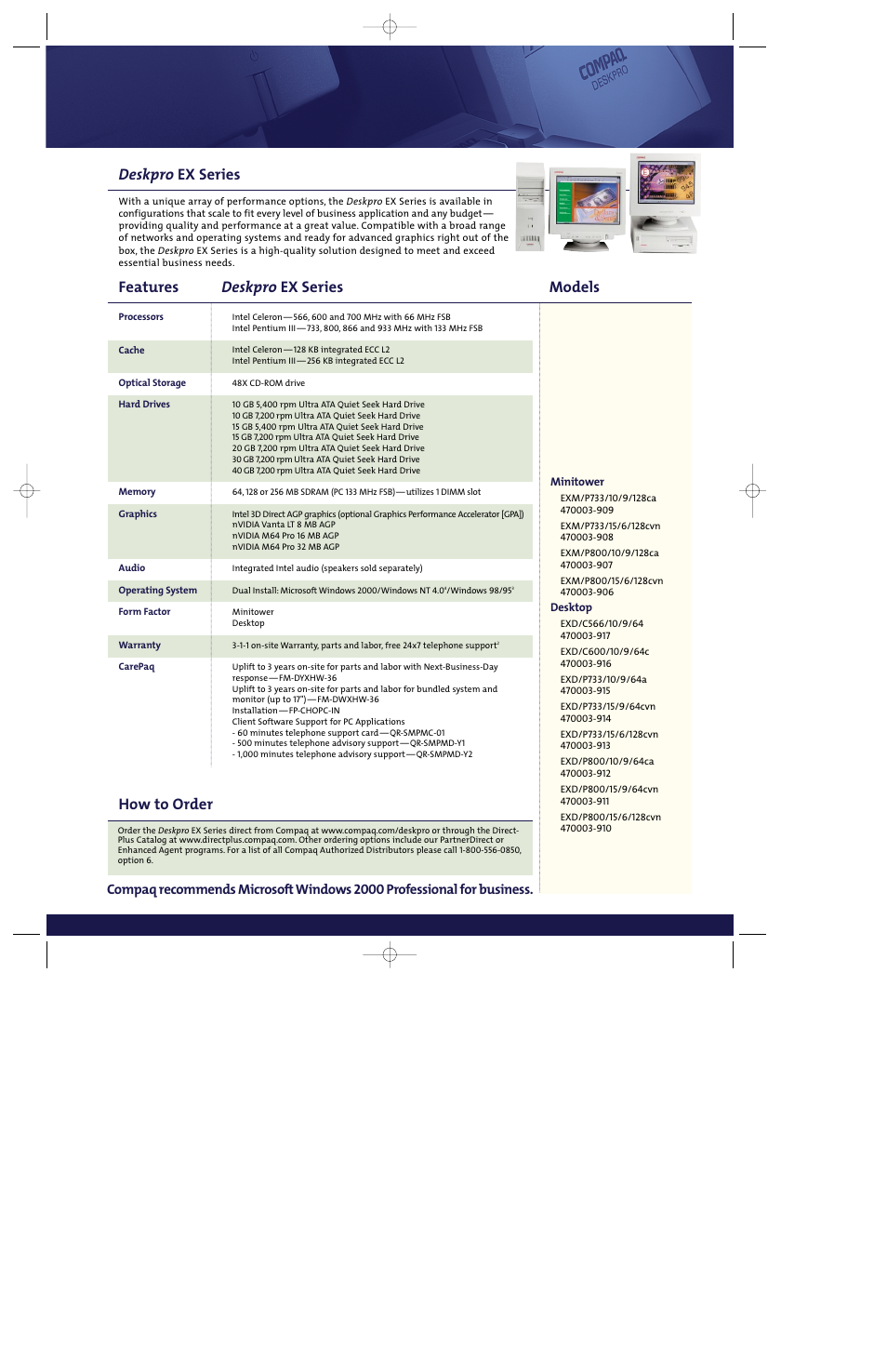 Features models deskpro ex series, How to order deskpro ex series | Compaq EX Series User Manual | Page 3 / 8