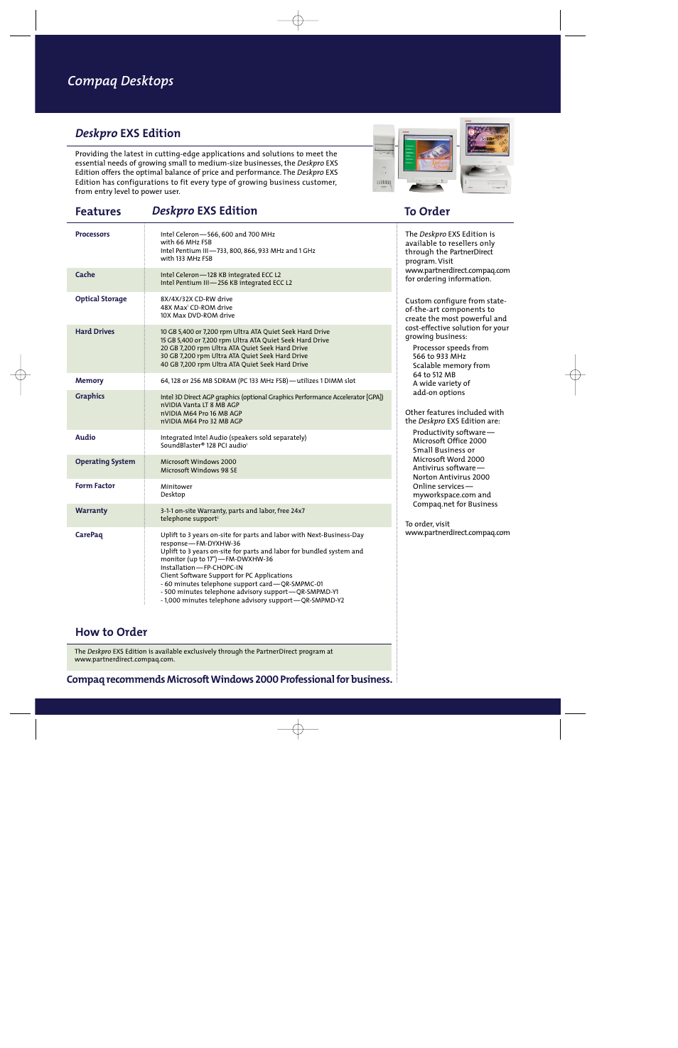 Compaq desktops, Features to order deskpro exs edition, Deskpro exs edition | How to order | Compaq EX Series User Manual | Page 4 / 8