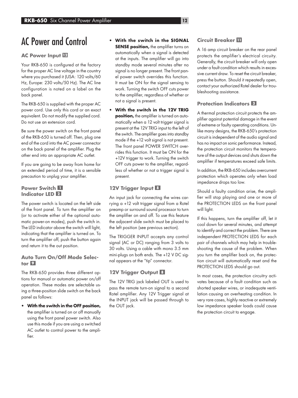 Ac power and control | ROTEL RKB-650 User Manual | Page 12 / 56