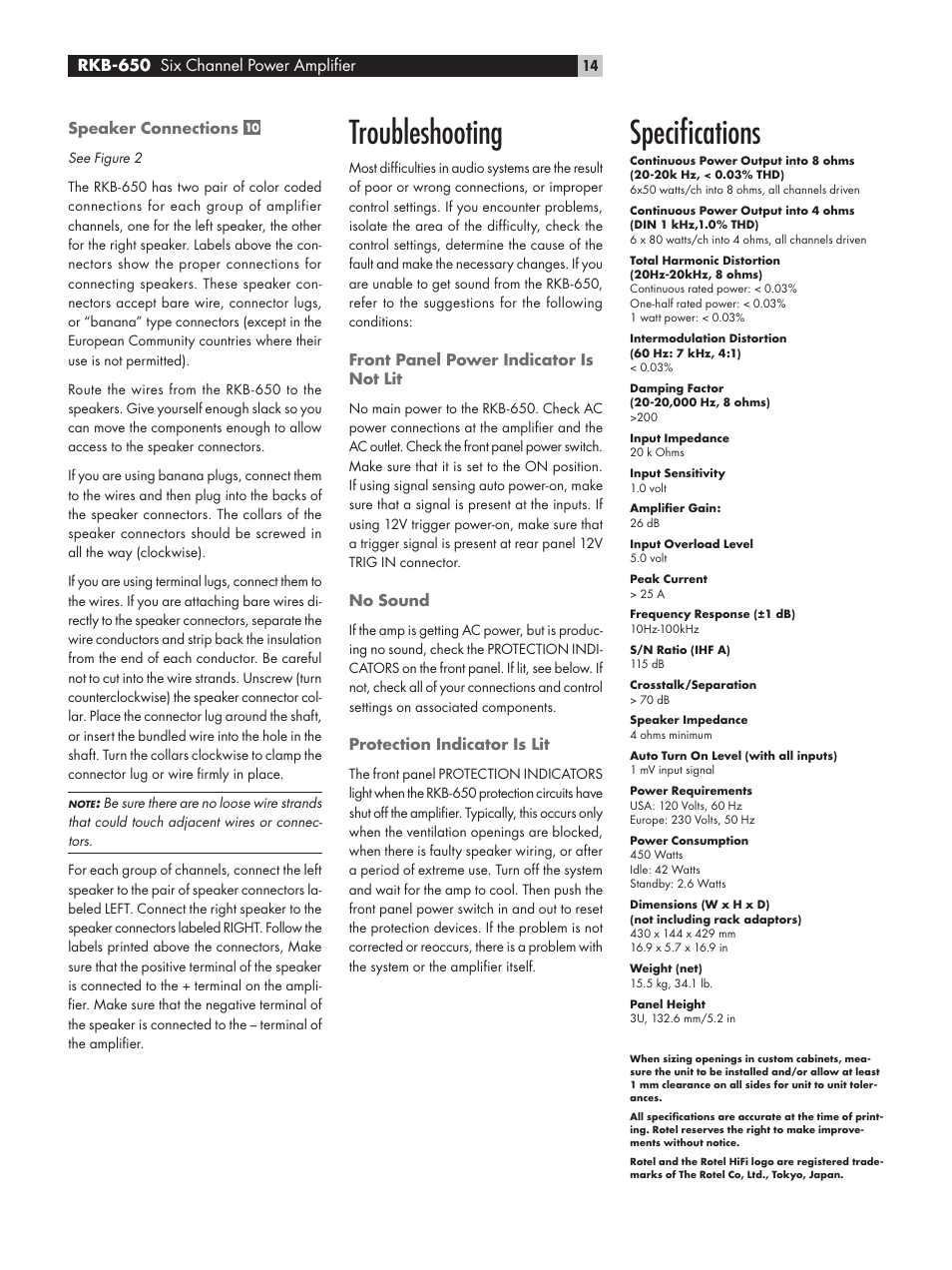 Troubleshooting, Speciﬁcations, Rkb-650 six channel power ampliﬁer | ROTEL RKB-650 User Manual | Page 14 / 56