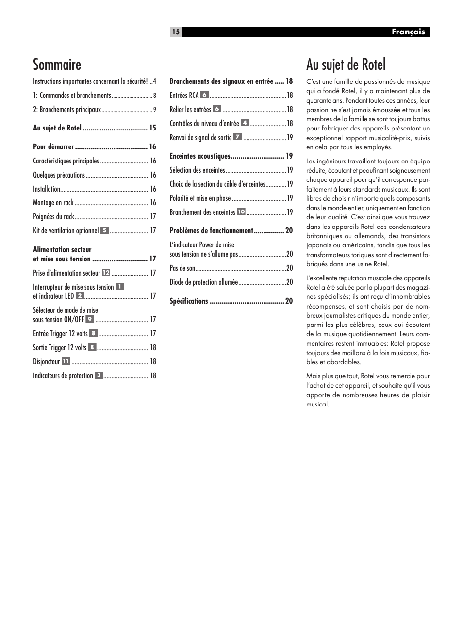 Au sujet de rotel, Sommaire | ROTEL RKB-650 User Manual | Page 15 / 56