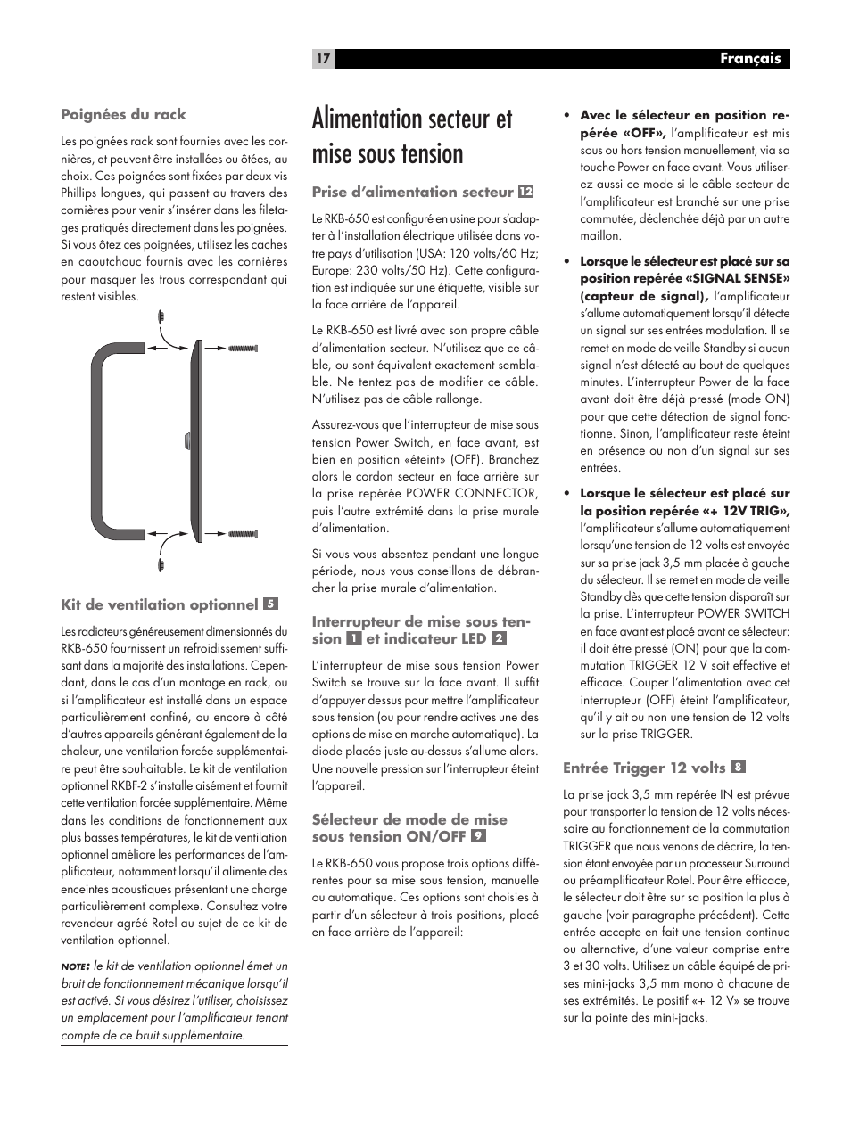 Alimentation secteur et mise sous tension | ROTEL RKB-650 User Manual | Page 17 / 56