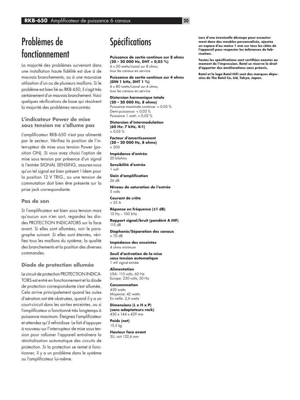 Problèmes de fonctionnement, Spéciﬁcations | ROTEL RKB-650 User Manual | Page 20 / 56