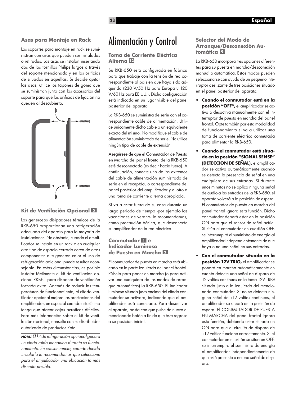 Alimentación y control | ROTEL RKB-650 User Manual | Page 23 / 56