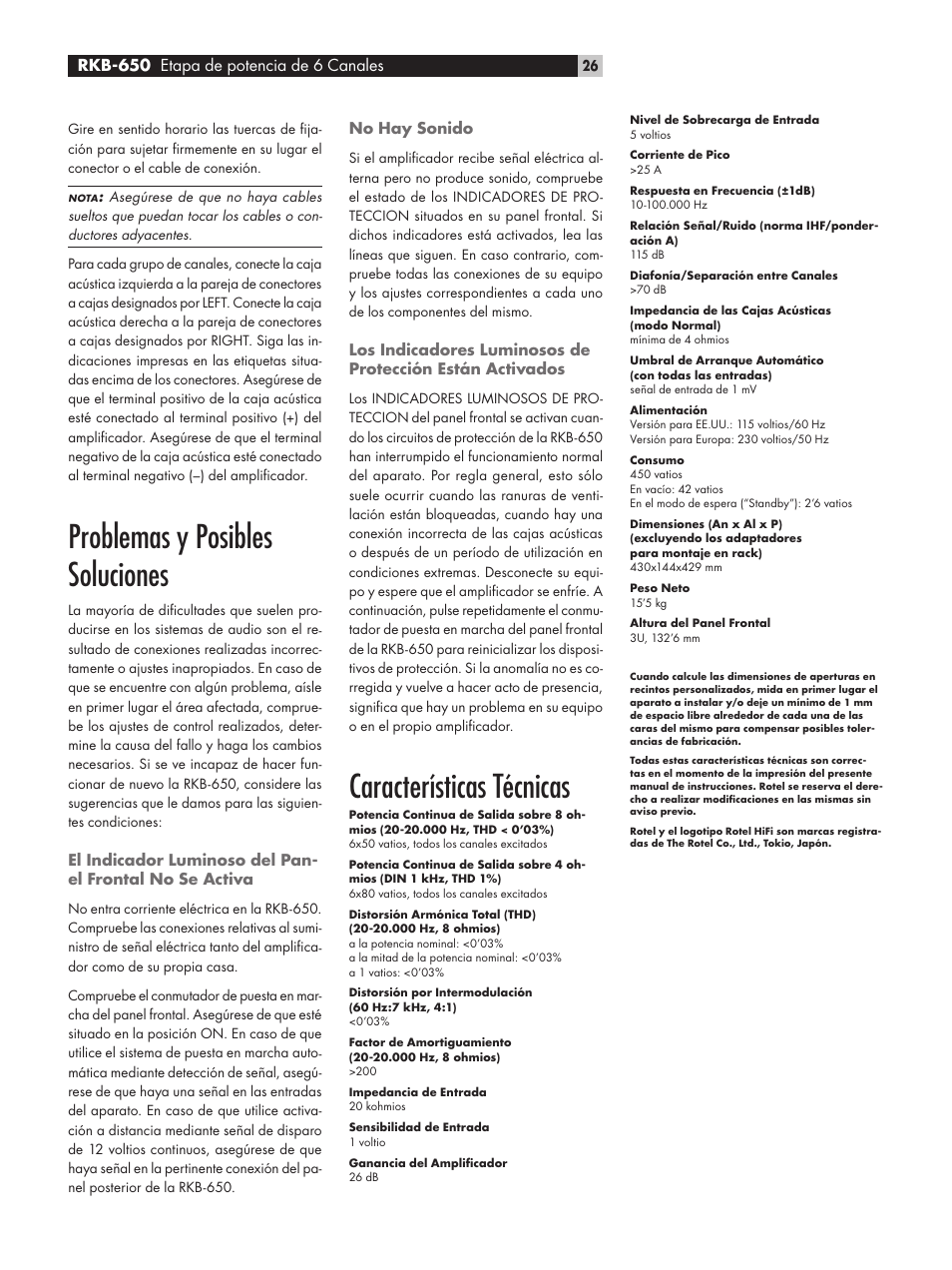 Problemas y posibles soluciones, Características técnicas, Rkb-650 etapa de potencia de 6 canales | ROTEL RKB-650 User Manual | Page 26 / 56