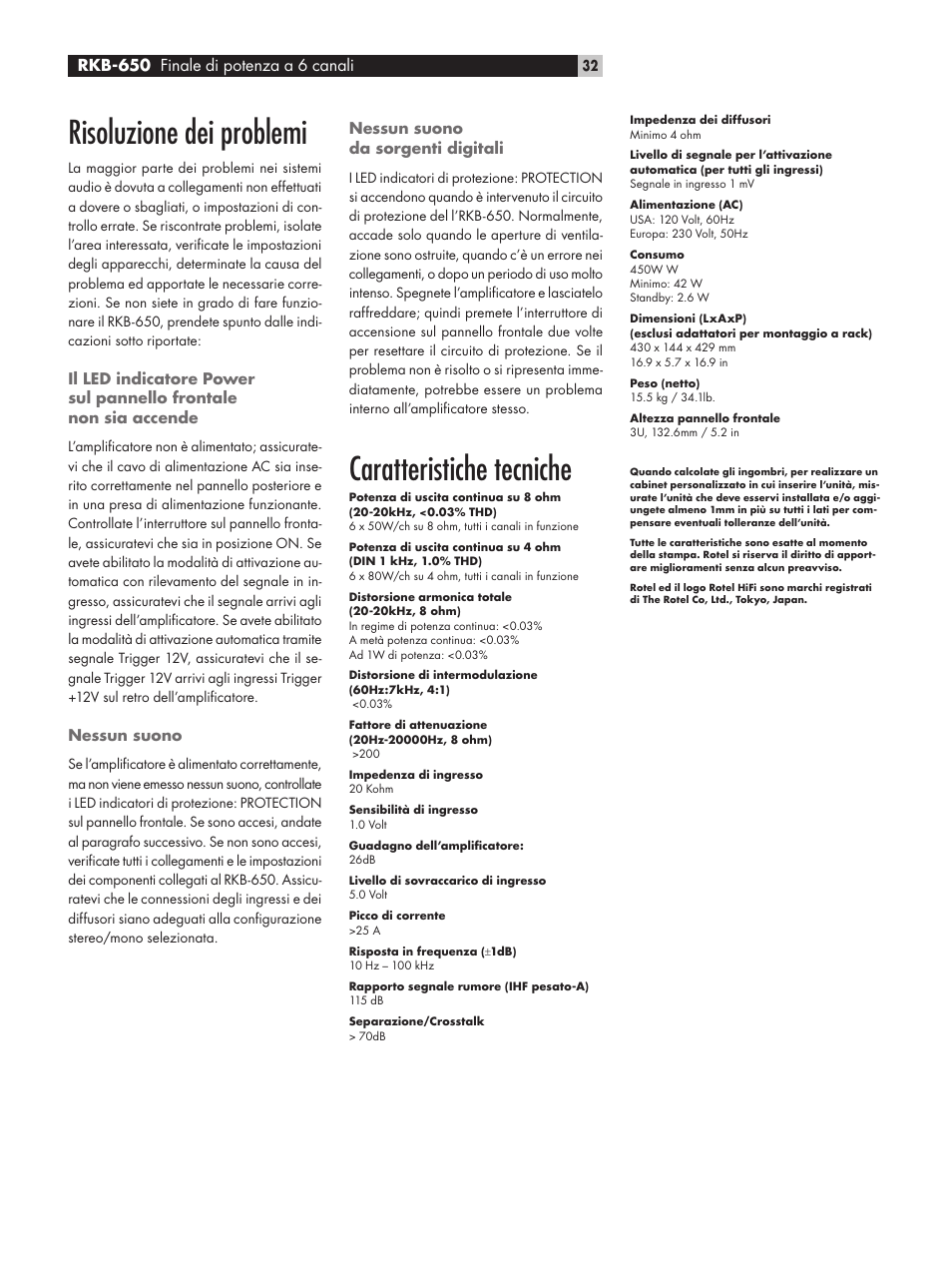 Risoluzione dei problemi, Caratteristiche tecniche, Rkb-650 finale di potenza a 6 canali | ROTEL RKB-650 User Manual | Page 32 / 56