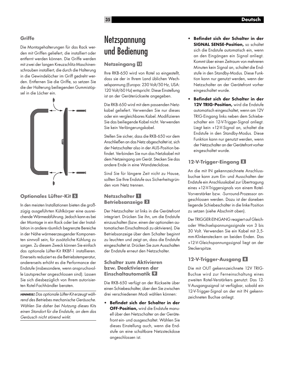 Netzspannung und bedienung | ROTEL RKB-650 User Manual | Page 35 / 56