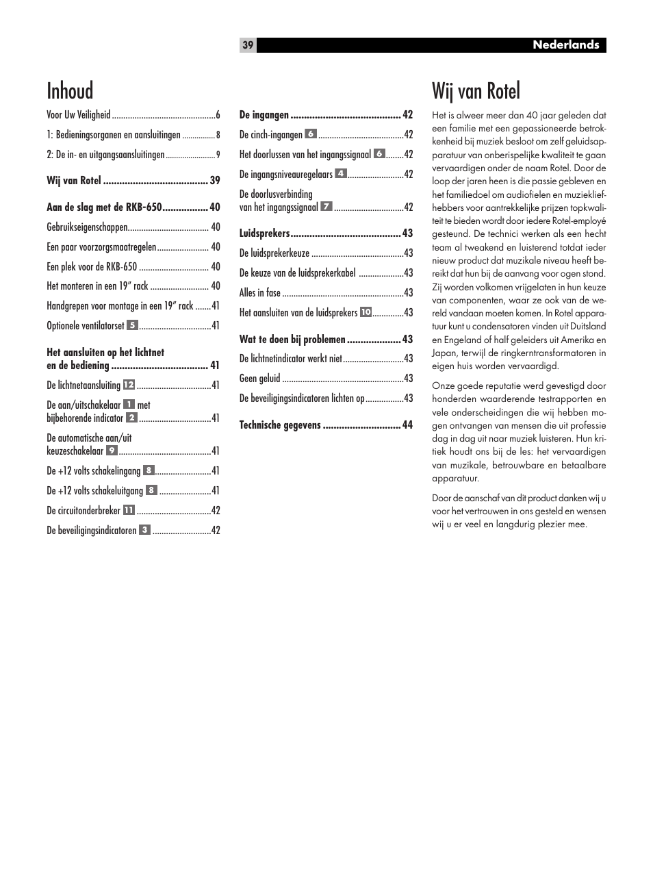 Wij van rotel, Inhoud | ROTEL RKB-650 User Manual | Page 39 / 56