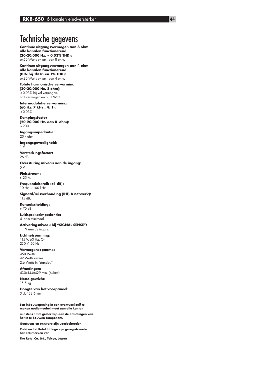 Technische gegevens | ROTEL RKB-650 User Manual | Page 44 / 56