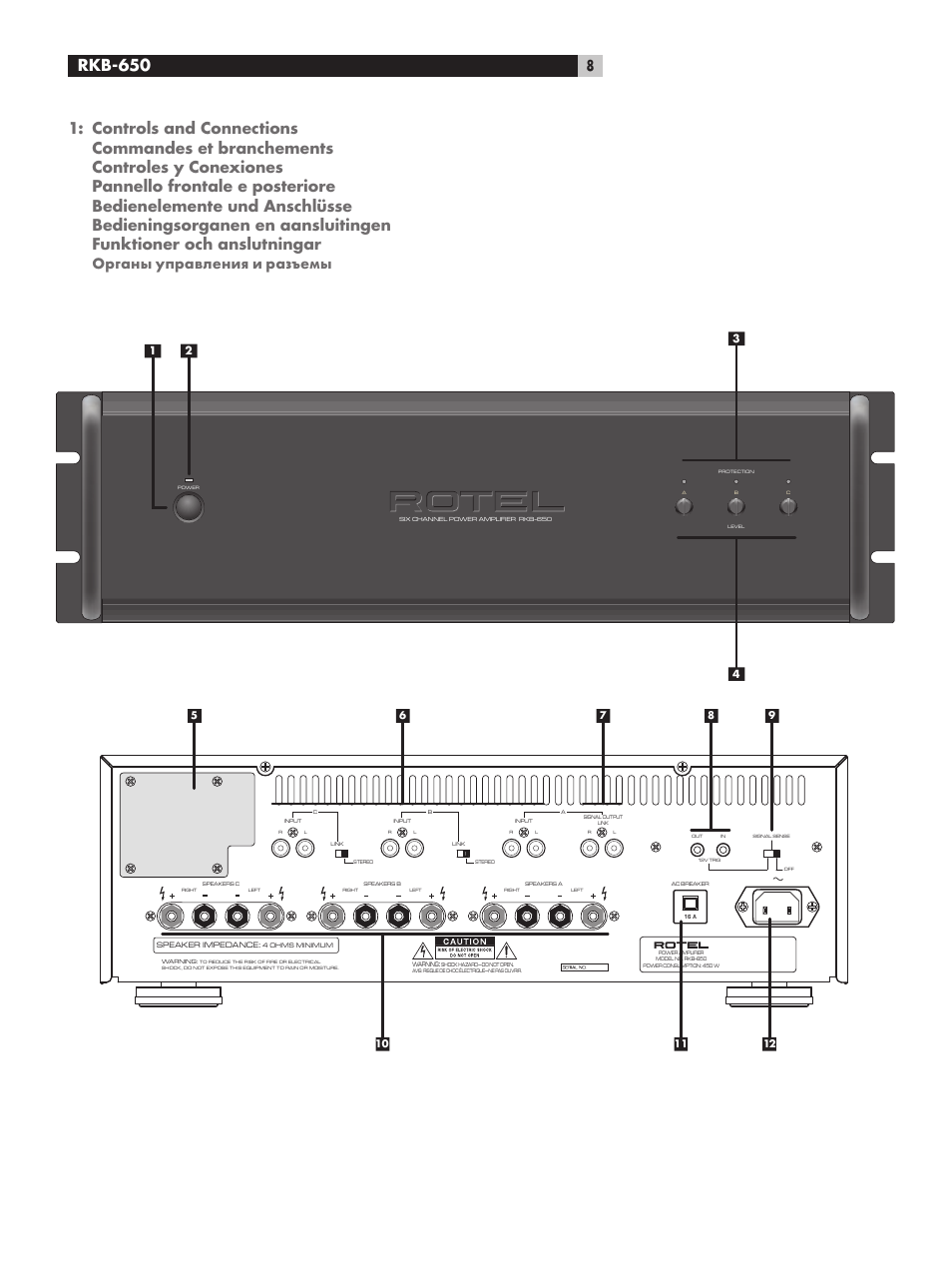 Rkb-650 six channel power ampliﬁer, Rkb-650 | ROTEL RKB-650 User Manual | Page 8 / 56