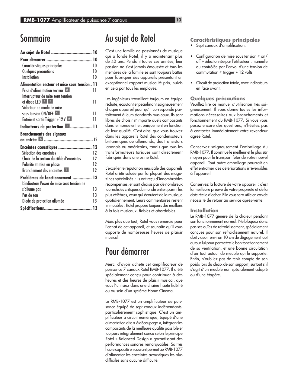 Au sujet de rotel, Pour démarrer, Sommaire | ROTEL RMB-1077 User Manual | Page 10 / 44