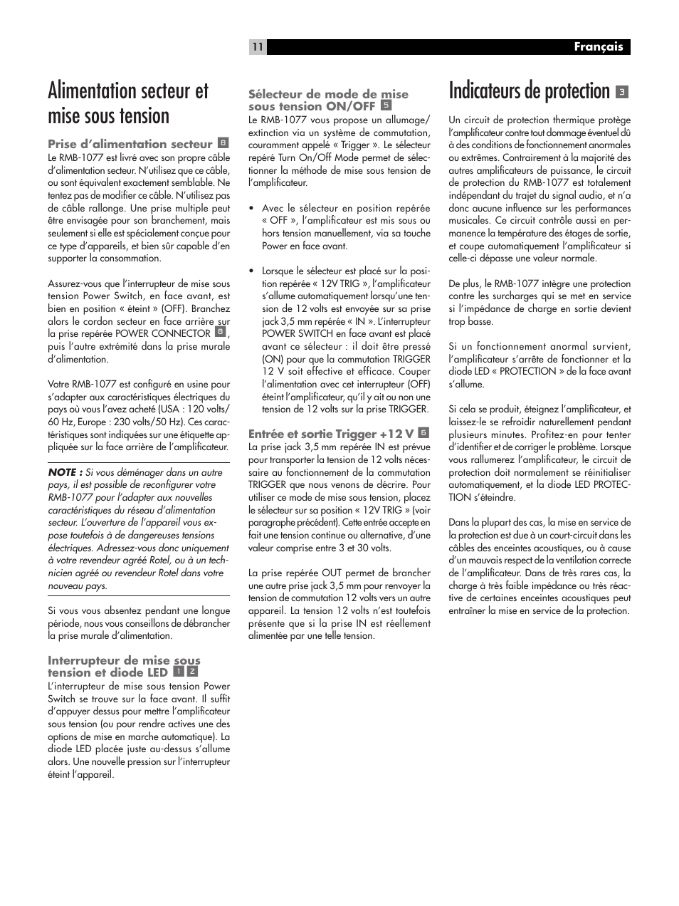 Alimentation secteur et mise sous tension, Indicateurs de protection | ROTEL RMB-1077 User Manual | Page 11 / 44