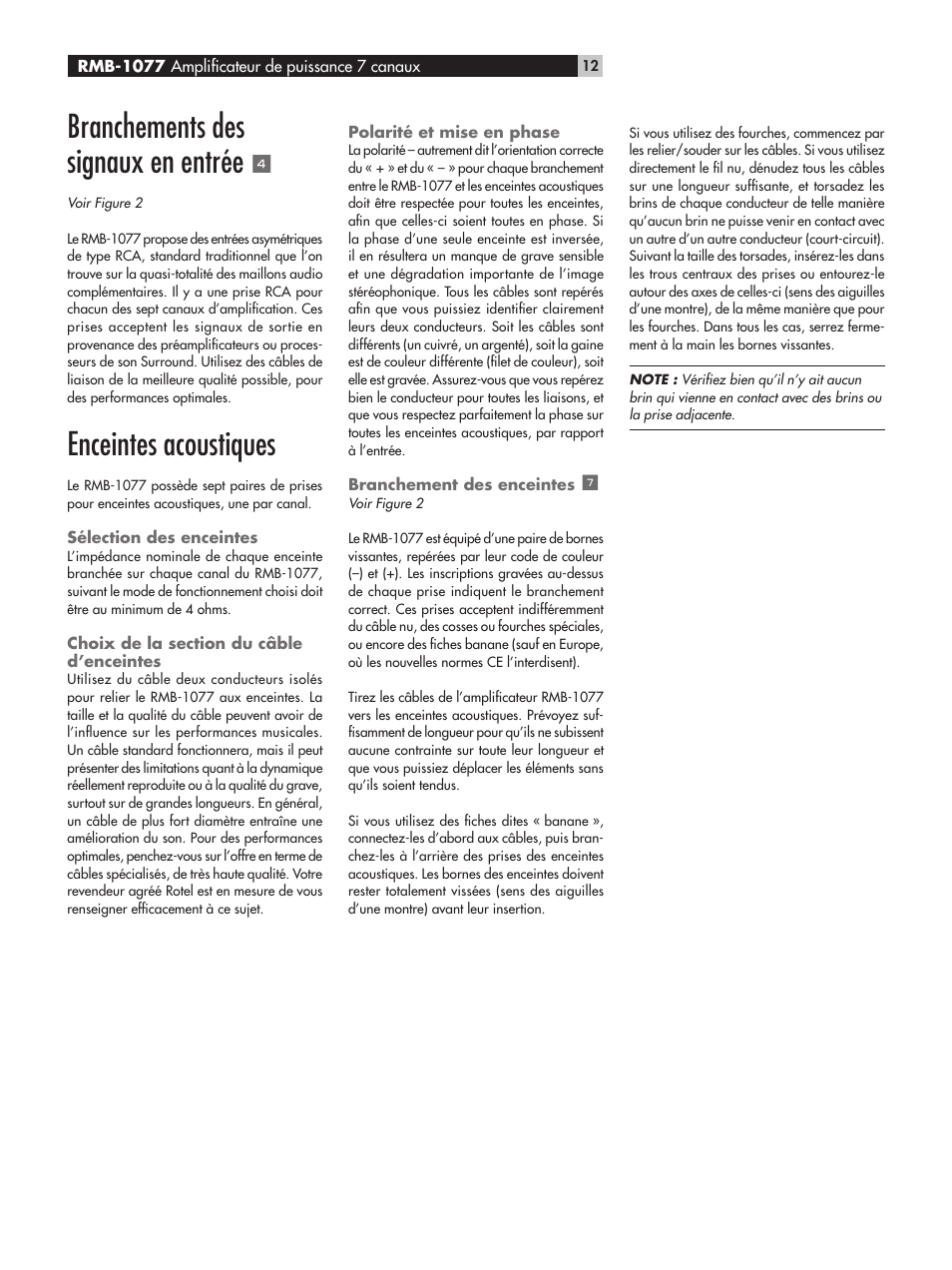 Branchements des signaux en entrée, Enceintes acoustiques | ROTEL RMB-1077 User Manual | Page 12 / 44