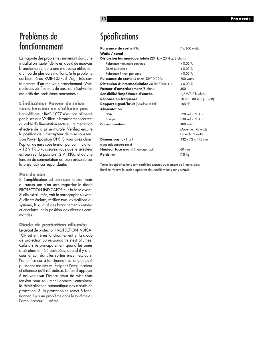 Problèmes de fonctionnement, Spéciﬁcations | ROTEL RMB-1077 User Manual | Page 13 / 44