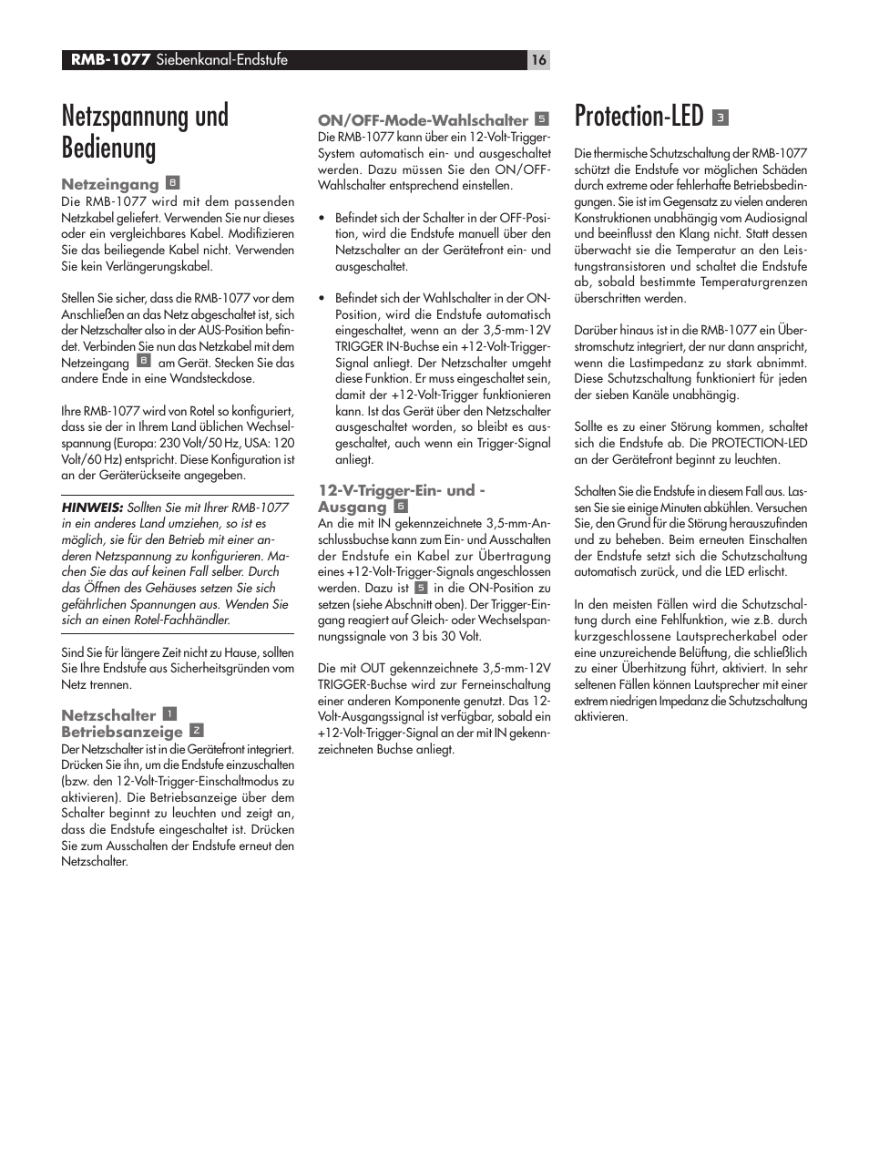 Netzspannung und bedienung, Protection-led | ROTEL RMB-1077 User Manual | Page 16 / 44