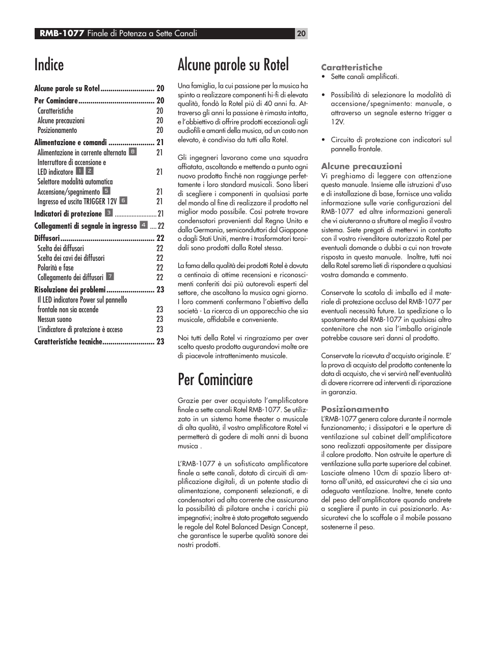 Alcune parole su rotel, Per cominciare, Indice | ROTEL RMB-1077 User Manual | Page 20 / 44