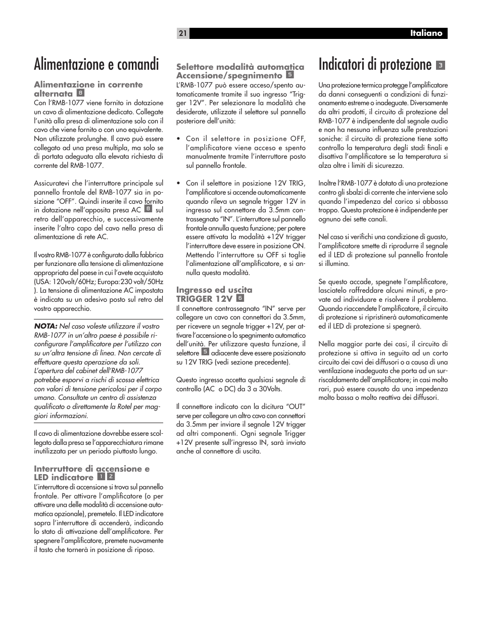 Alimentazione e comandi, Indicatori di protezione | ROTEL RMB-1077 User Manual | Page 21 / 44