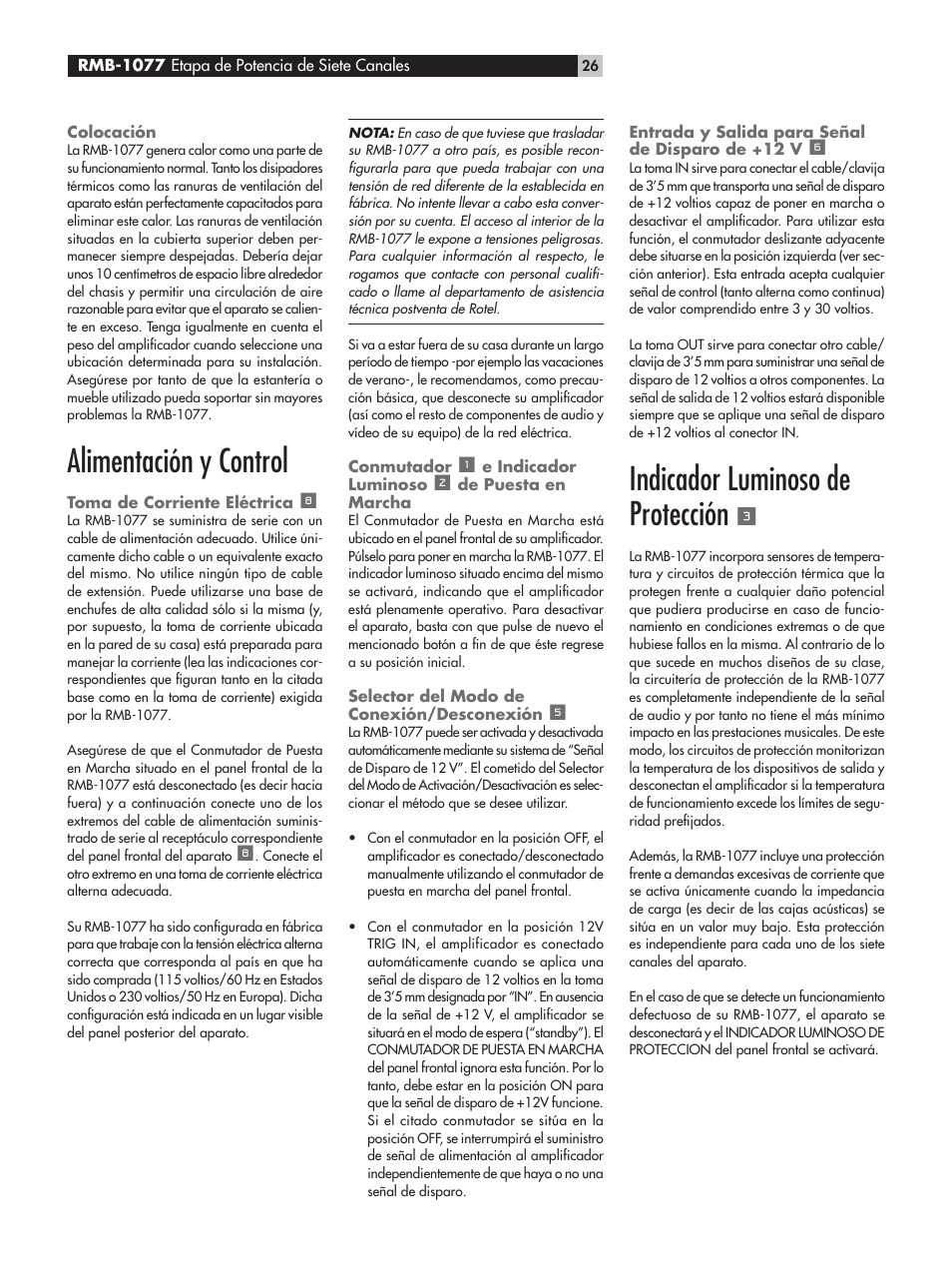 Alimentación y control, Indicador luminoso de protección | ROTEL RMB-1077 User Manual | Page 26 / 44