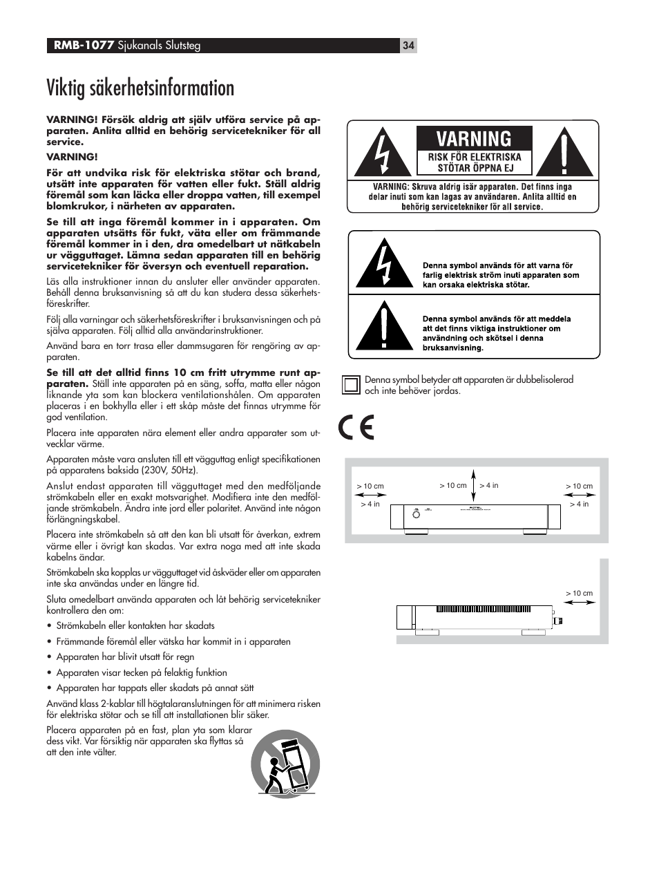 Viktig säkerhetsinformation | ROTEL RMB-1077 User Manual | Page 34 / 44