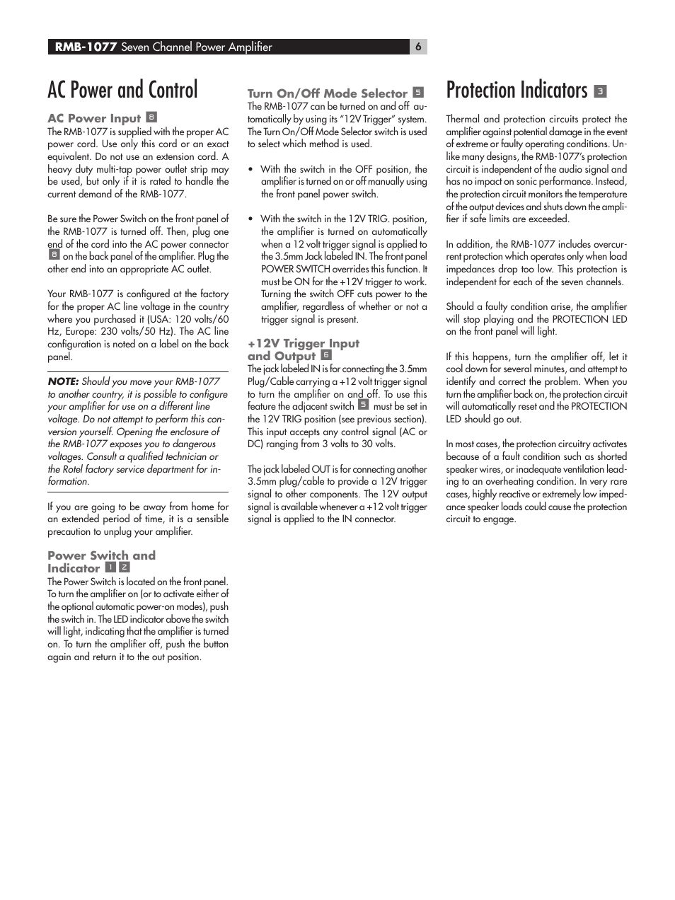 Ac power and control, Protection indicators | ROTEL RMB-1077 User Manual | Page 6 / 44