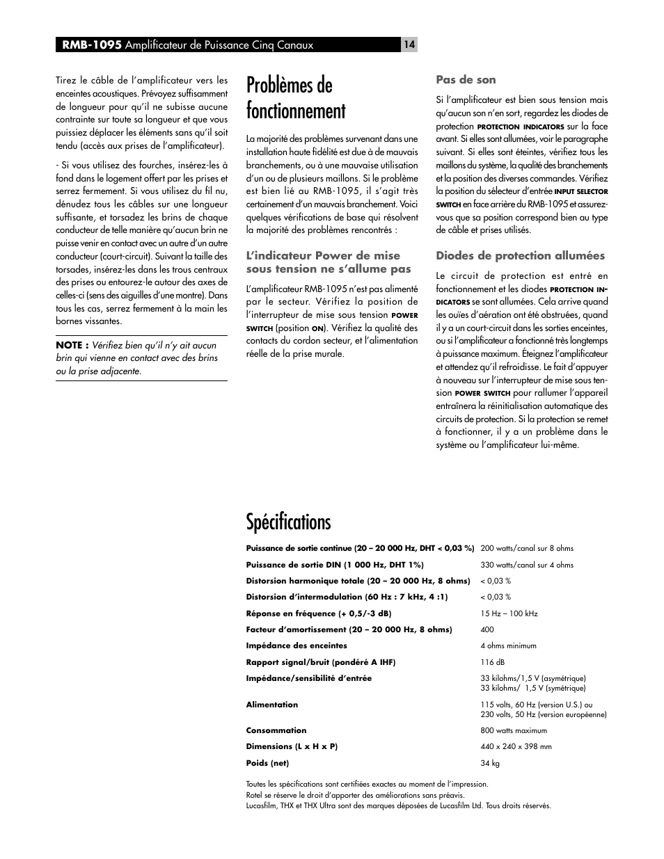 Spécifications, Problèmes de fonctionnement | ROTEL RMB-1095 User Manual | Page 14 / 34