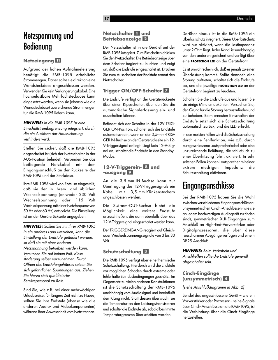 Netzspannung und bedienung, Eingangsanschlüsse | ROTEL RMB-1095 User Manual | Page 17 / 34