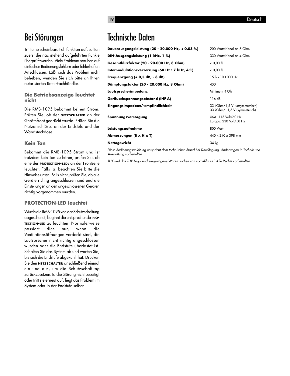 Bei störungen, Technische daten | ROTEL RMB-1095 User Manual | Page 19 / 34