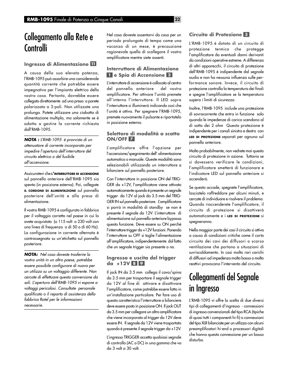 Collegamento alla rete e controlli, Collegamenti del segnale in ingresso | ROTEL RMB-1095 User Manual | Page 22 / 34