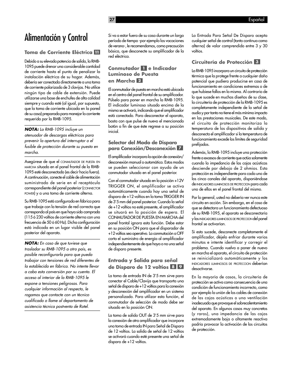 Alimentación y control | ROTEL RMB-1095 User Manual | Page 27 / 34