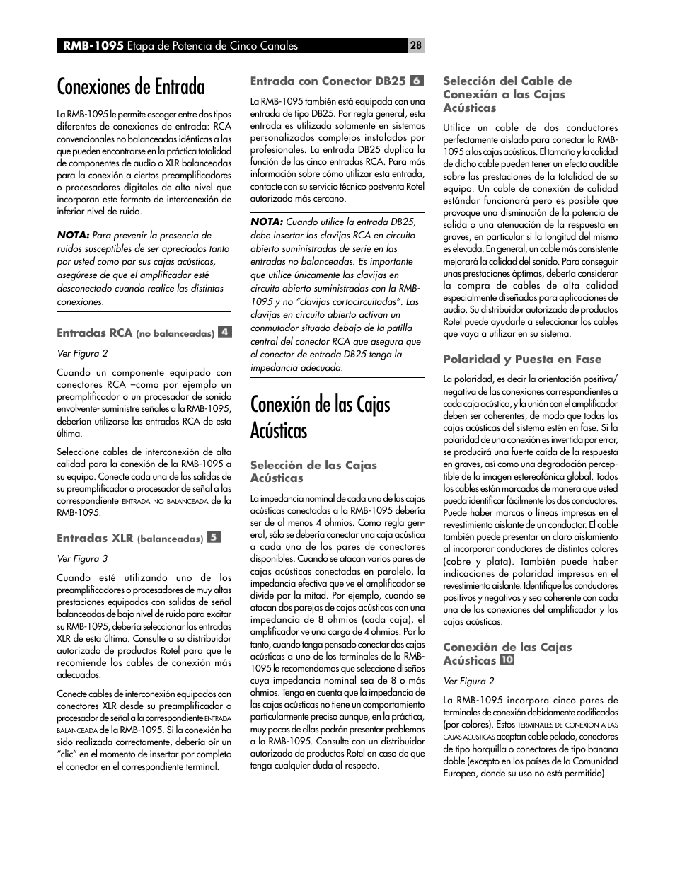 Conexiones de entrada, Conexión de las cajas acústicas | ROTEL RMB-1095 User Manual | Page 28 / 34