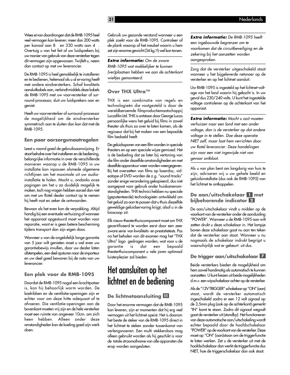 Het aansluiten op het lichtnet en de bediening | ROTEL RMB-1095 User Manual | Page 31 / 34