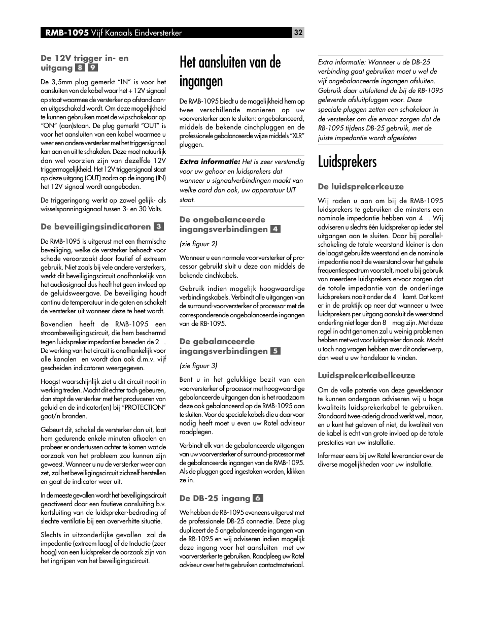 Het aansluiten van de ingangen, Luidsprekers | ROTEL RMB-1095 User Manual | Page 32 / 34