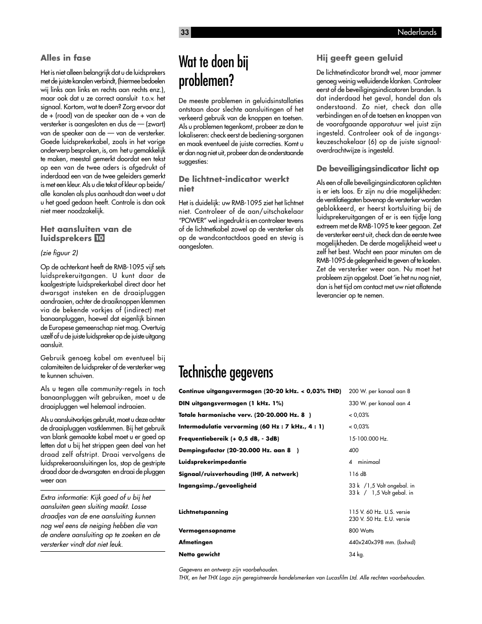 Wat te doen bij problemen, Technische gegevens | ROTEL RMB-1095 User Manual | Page 33 / 34