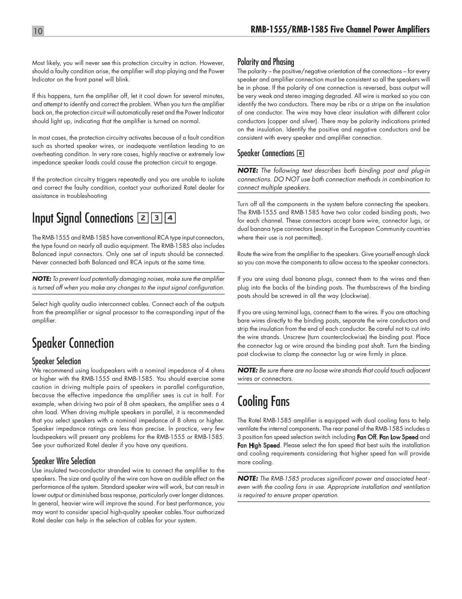 Cooling fans, Input signal connections 234, Speaker connection | Speaker connections, Speaker selection, Speaker wire selection | ROTEL RMB-1555 User Manual | Page 10 / 51