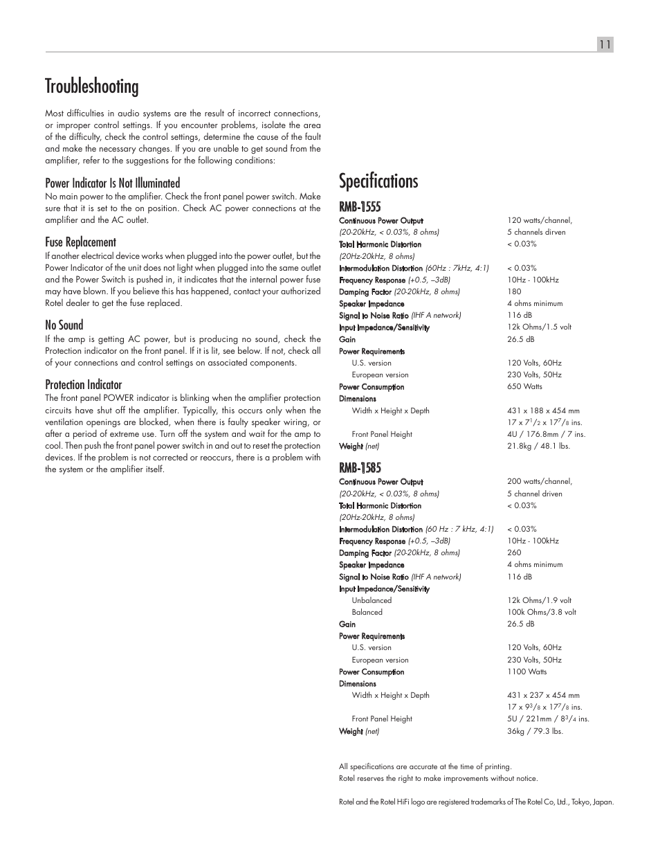 Troubleshooting, Specifications, Power indicator is not illuminated | Fuse replacement, No sound, Protection indicator, Rmb-1555, Rmb-1585 | ROTEL RMB-1555 User Manual | Page 11 / 51