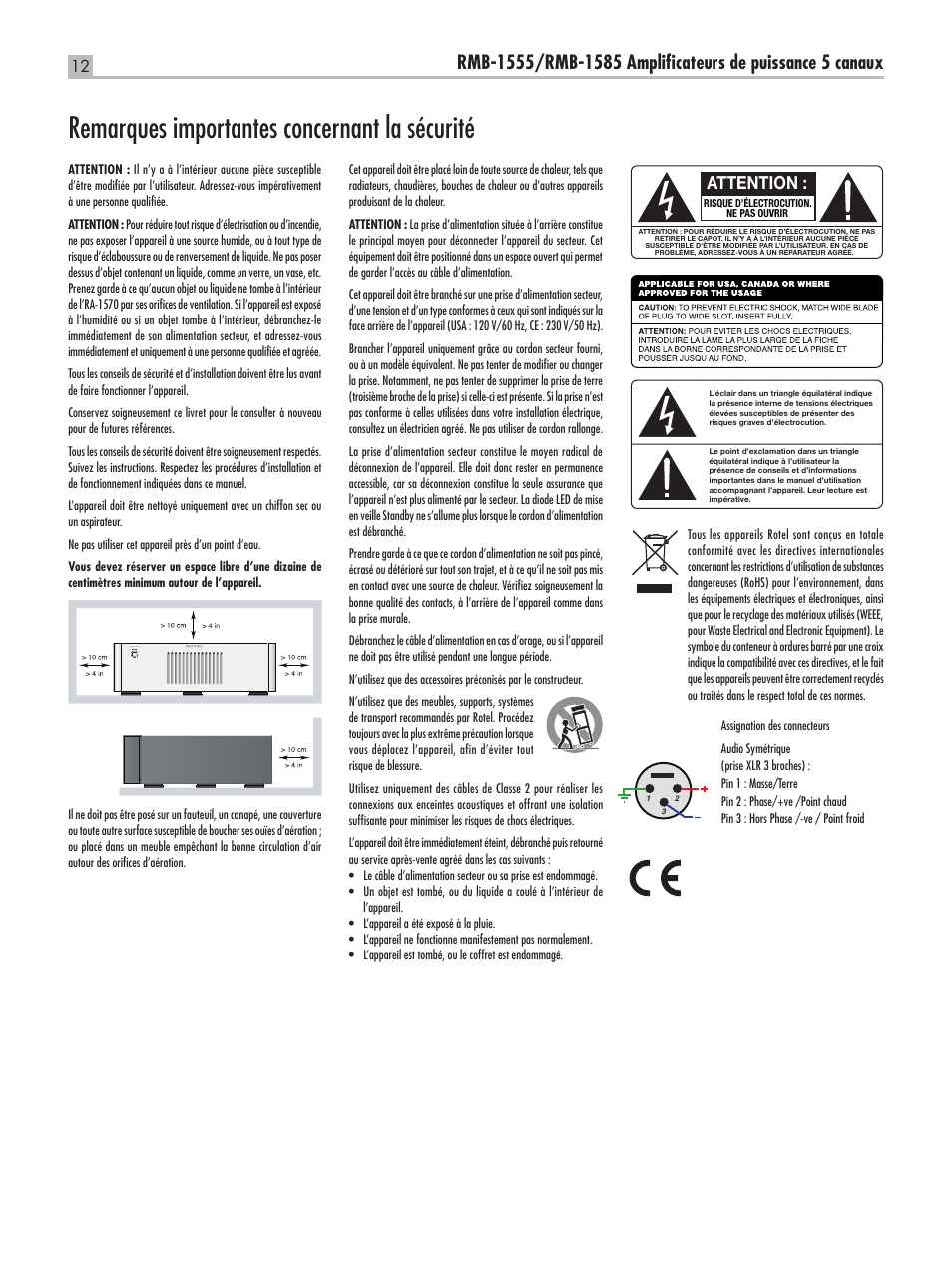 Remarques importantes concernant la sécurité, Attention | ROTEL RMB-1555 User Manual | Page 12 / 51