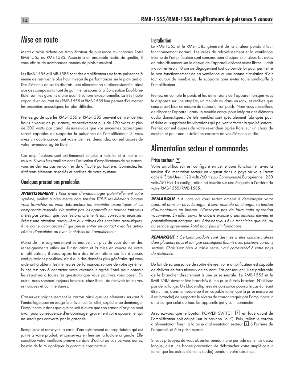 Mise en route, Alimentation secteur et commandes, Quelques précautions préalables | Installation, Prise secteur | ROTEL RMB-1555 User Manual | Page 14 / 51