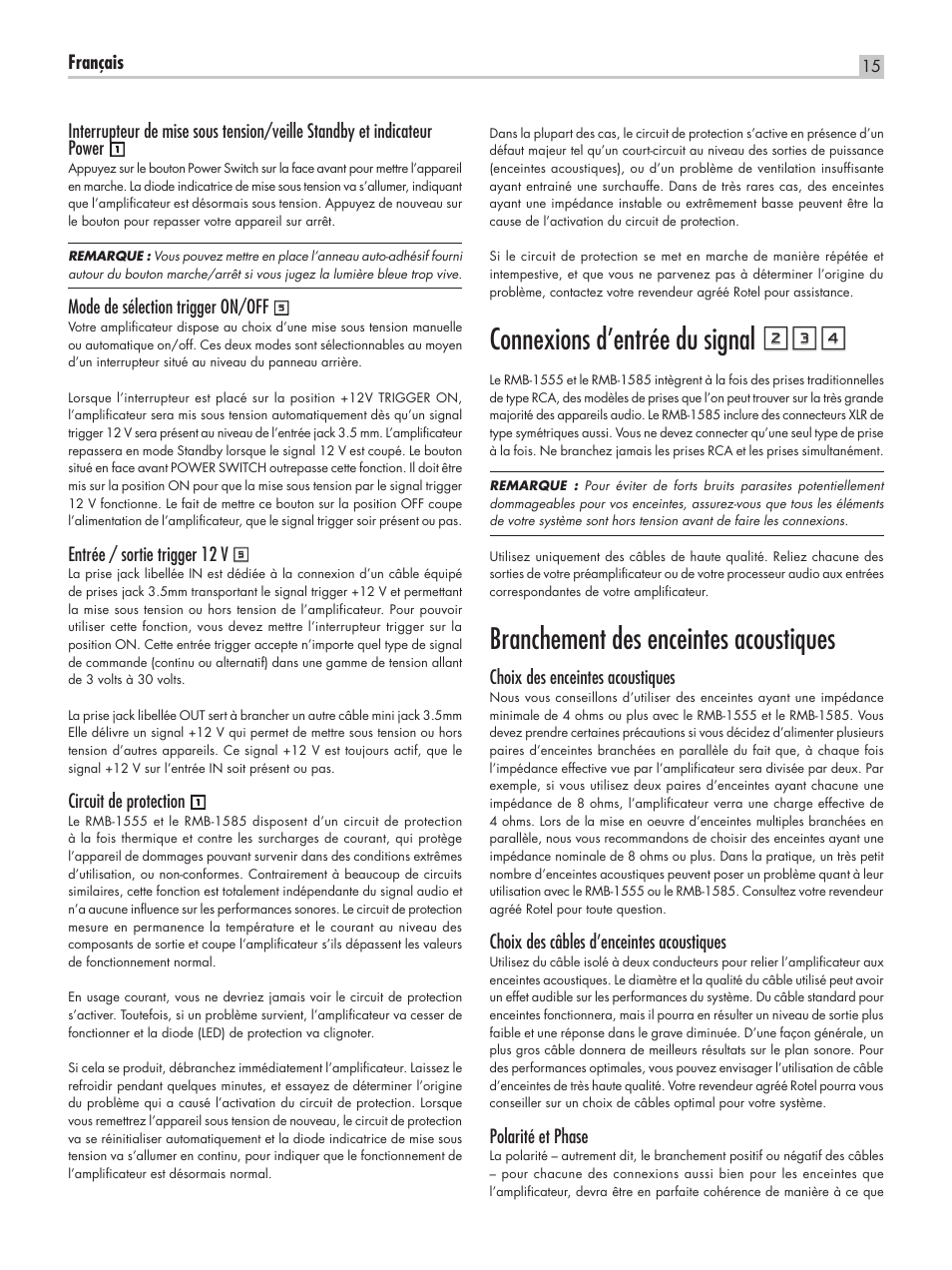 Connexions d’entrée du signal 234, Branchement des enceintes acoustiques | ROTEL RMB-1555 User Manual | Page 15 / 51