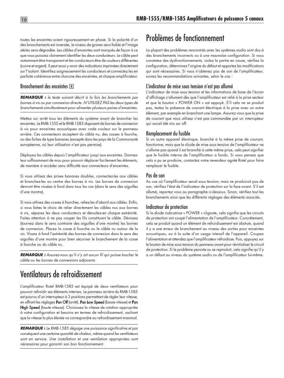 Ventilateurs de refroidissement, Problèmes de fonctionnement | ROTEL RMB-1555 User Manual | Page 16 / 51