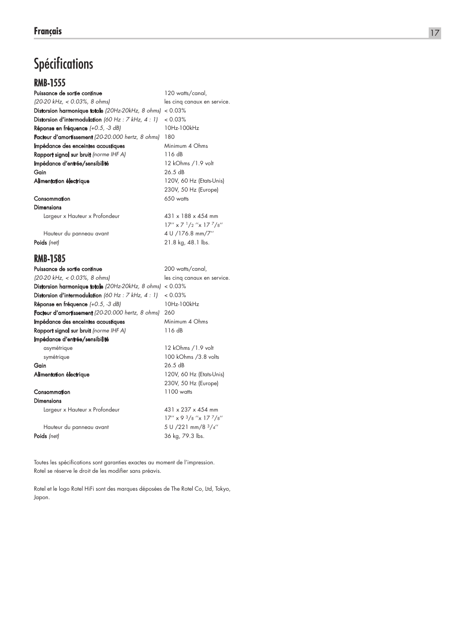 Spécifications, Français, Rmb-1555 | Rmb-1585 | ROTEL RMB-1555 User Manual | Page 17 / 51