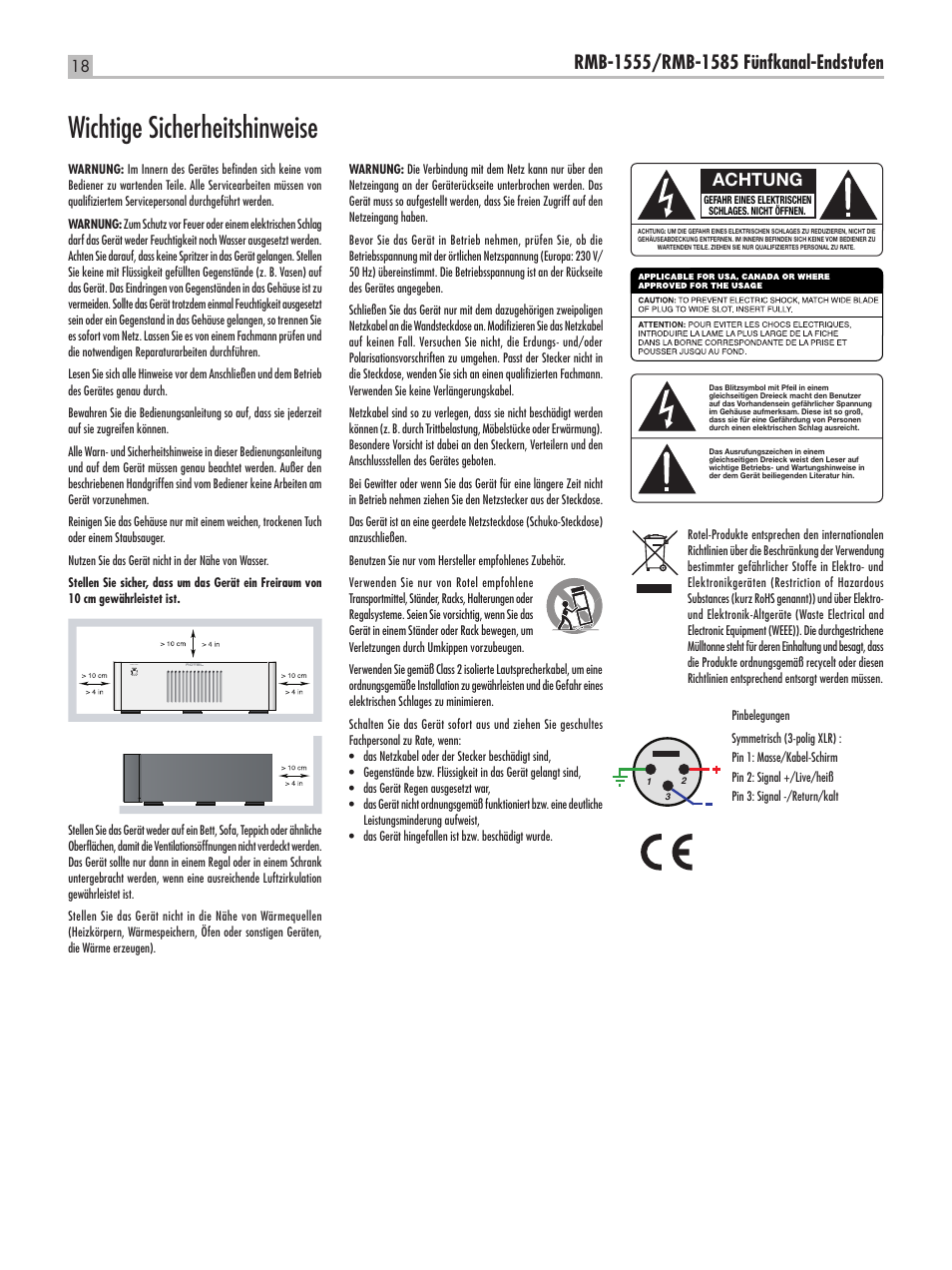 Wichtige sicherheitshinweise, Achtung | ROTEL RMB-1555 User Manual | Page 18 / 51