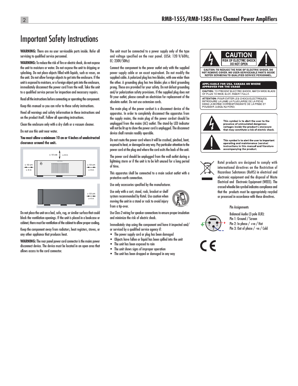 Important safety instructions | ROTEL RMB-1555 User Manual | Page 2 / 51