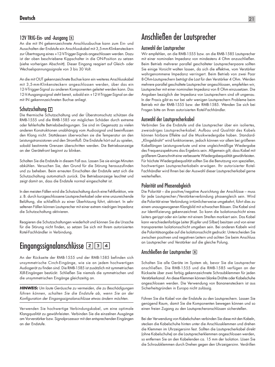 Eingangssignalanschlüsse 234, Anschließen der lautsprecher | ROTEL RMB-1555 User Manual | Page 21 / 51