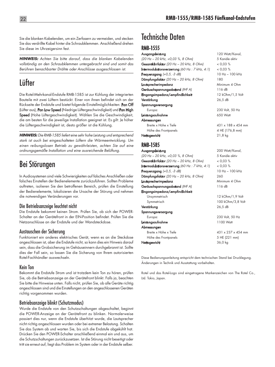 Lüfter, Bei störungen, Technische daten | Die betriebsanzeige leuchtet nicht, Austauschen der sicherung, Kein ton, Betriebsanzeige blinkt (schutzmodus), Rmb-1555, Rmb-1585 | ROTEL RMB-1555 User Manual | Page 22 / 51