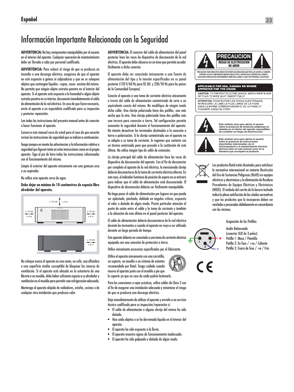 Español, Precaucion | ROTEL RMB-1555 User Manual | Page 23 / 51