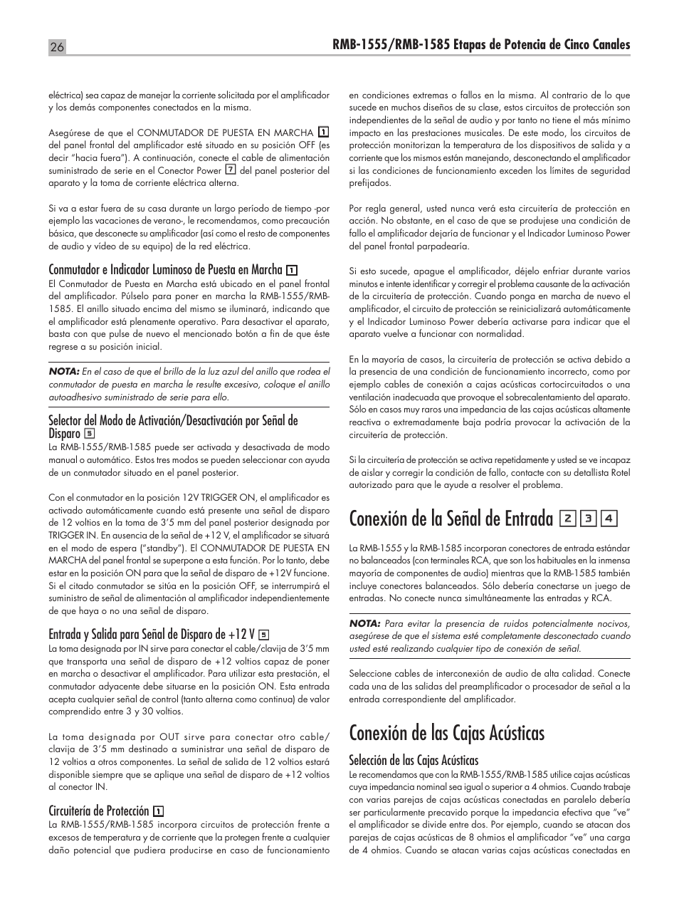 Conexión de la señal de entrada 234, Conexión de las cajas acústicas, Entrada y salida para señal de disparo de +12 v | Circuitería de protección, Selección de las cajas acústicas | ROTEL RMB-1555 User Manual | Page 26 / 51