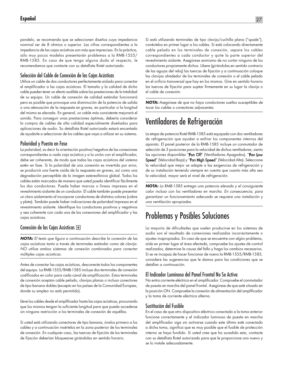 Ventiladores de refrigeración, Problemas y posibles soluciones | ROTEL RMB-1555 User Manual | Page 27 / 51